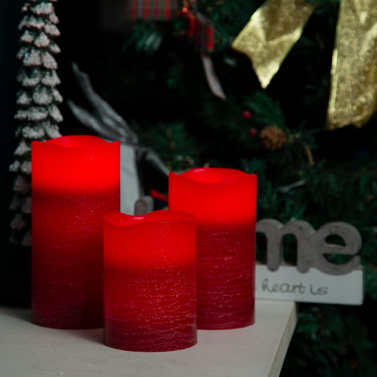 H-Blossom Red Flameless Candles Real Wax Led Pillar Candles Battery Operated With Cycling 5H Timer Set Of 3 (3 X 4/5/6) (Red)