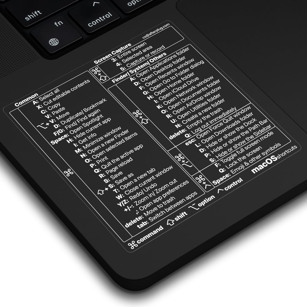 Afterplug Mac OS Keyboard Shortcuts Sticker, 50+ Shortcuts for 13-16 inch MacBook Pro & Air (Space Black & Midnight Only), Resid