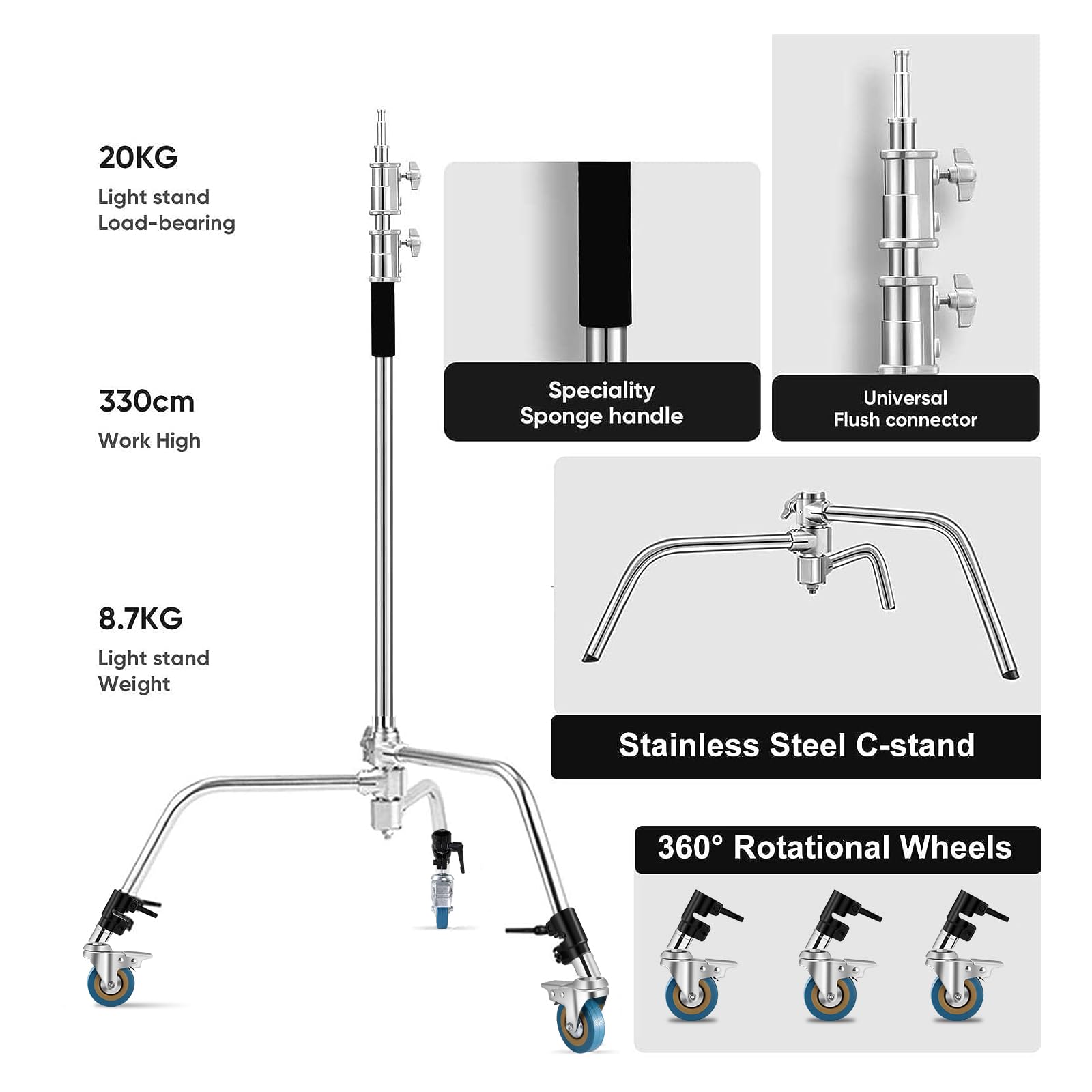 Soonpho Heavy Duty C Stand 11.3ft with Boom Arm & Wheels - Sturdy Stainless Steel Light Stand for Photography, Reflectors, Softboxes