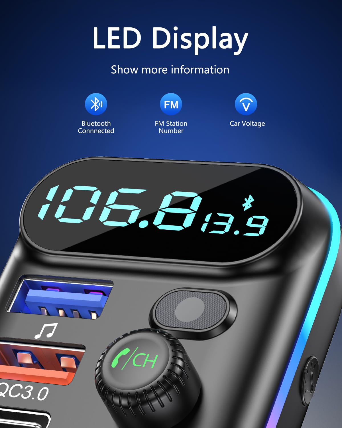 Lencent Fm Transmitter In Car Adapter, Wireless Bluetooth 5.0 Radio Car Kit,Type C Pd + Qc3.0 Fast Usb Charger, Hands Free Calli