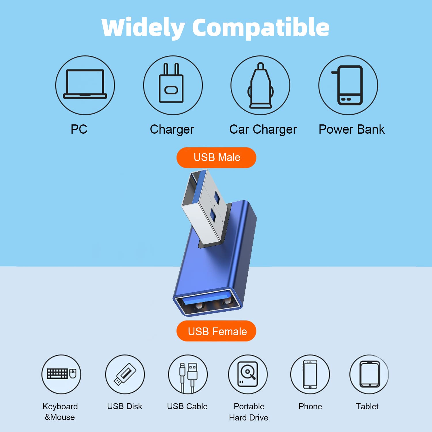 Areme 90 Degree Usb 3.0 Adapter 2 Pack, Left And Right Angle Usb A Male To Female Converter Extender For Pc, Laptop, Usb A Charger, Power Bank And More (Blue)