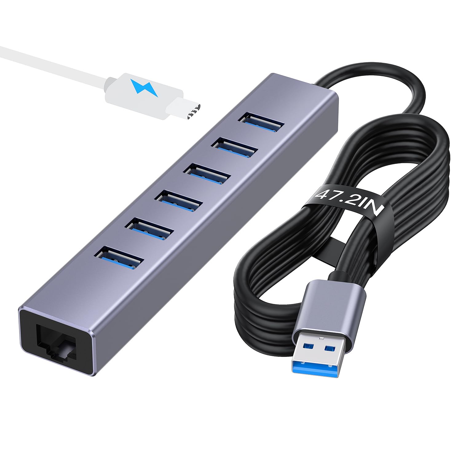 7 Ports Usb 3.0 Hub, Usb To Network Hub With 6 Usb 3.0 Data Transmission, Gigabit Ethernet Port And 5V/3A Power Port,Usb Aluminu