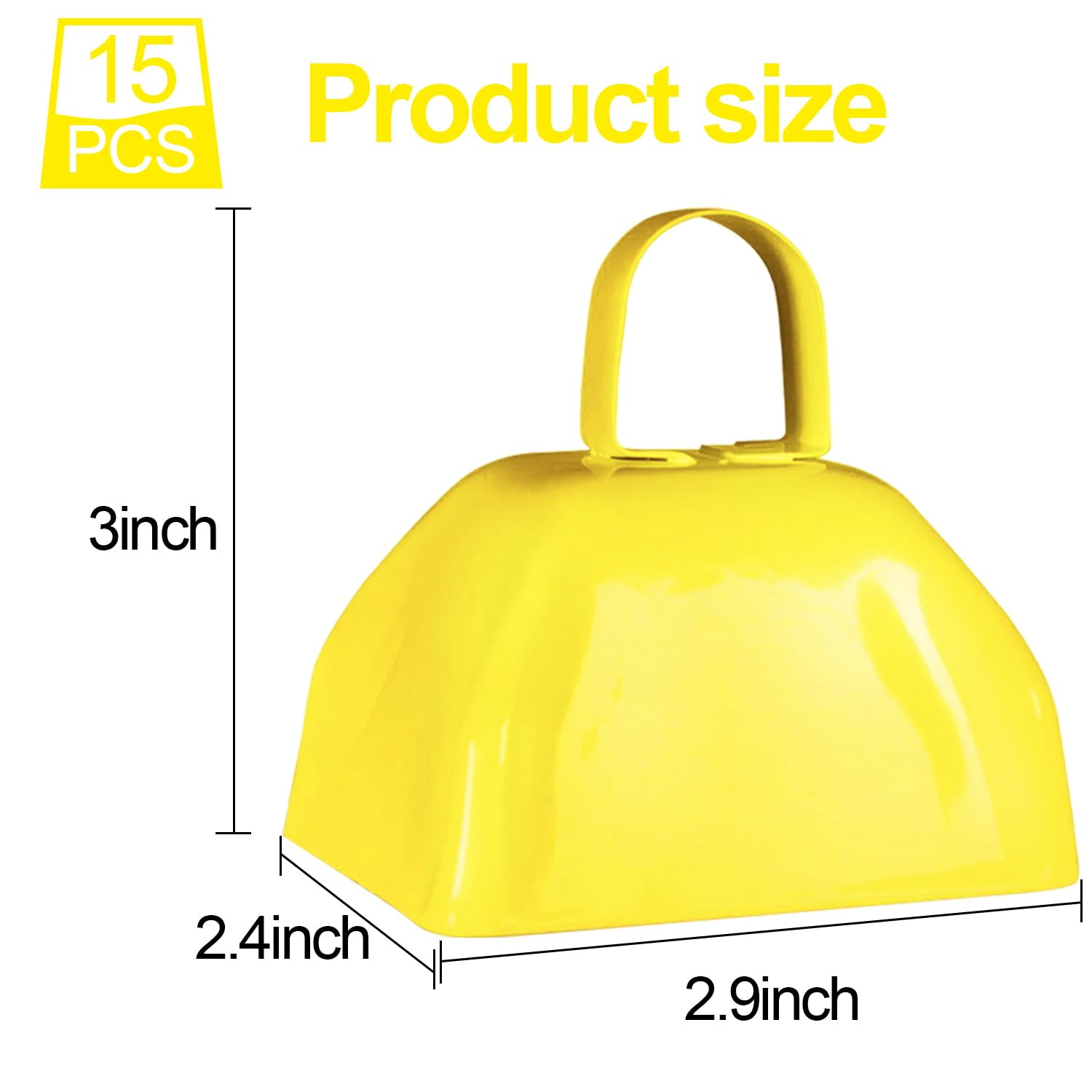 15 Pack 3 Inch Metal Cowbell Noisemaker Cheering Bell Yellow Cowbells For Sporting Events Bulk Loud Cow Bell With Handles, Small