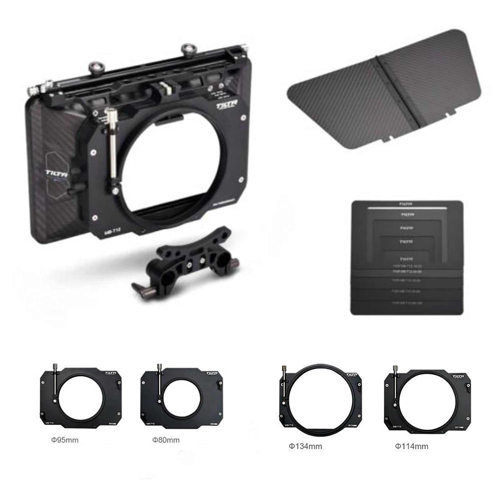 Tilta Matte Box For Studio Cinima Cameras, 3 Pcs 4X5.65 Filter Frame With 5 Lens Adapter Rings (134/114/110/95/80Mm) Carbon Fiber Top Flag 5 Pcs Front Matte 15Mm Rod Adapter Mb T12