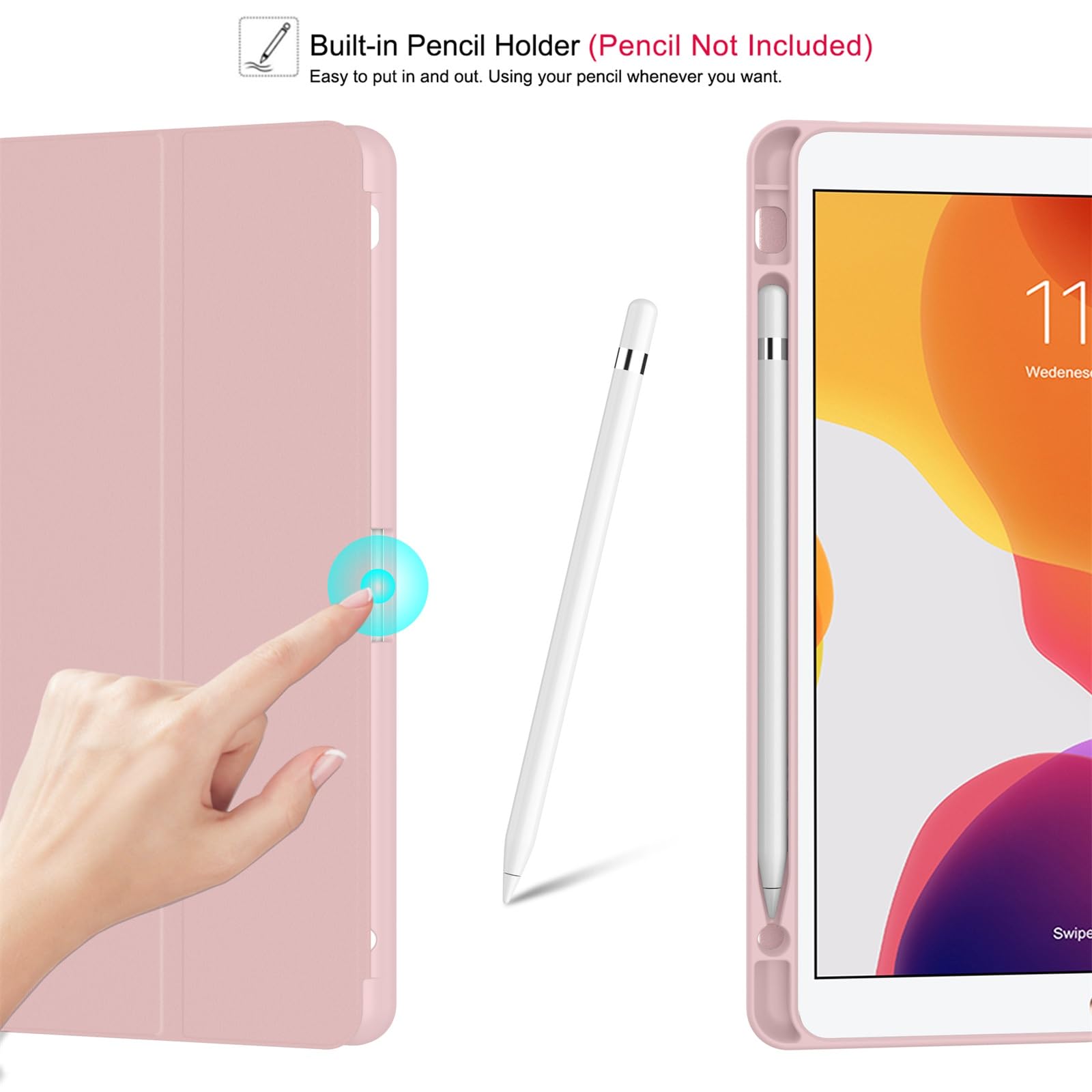 Soke For Ipad 10.2 Case With Pencil Holder For Ipad 9Th Generation 2021/8Th Gen 2020/7Th Gen 2019 Premium Shockproof Case With Soft Tpu Back Cover & Auto Sleep/Wake For Ipad 10.2 Inch,Book Pink