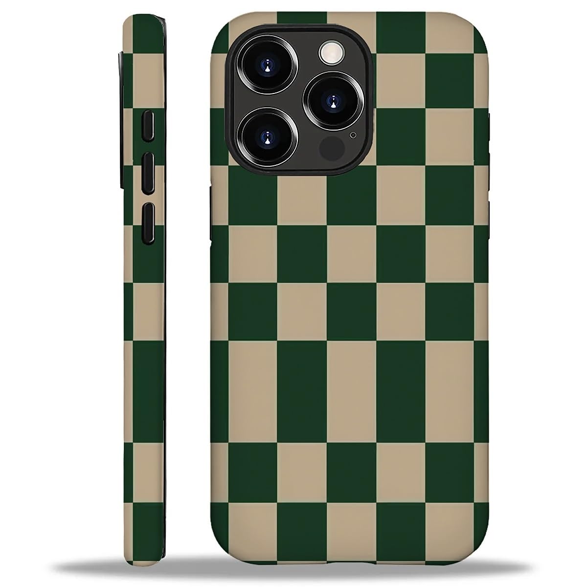 WANKBLC Compatible with iPhone 16 Pro Max Matte Case, Dark Green Beige Checkerboard Pattern for Girl Full Body Design Soft Silic