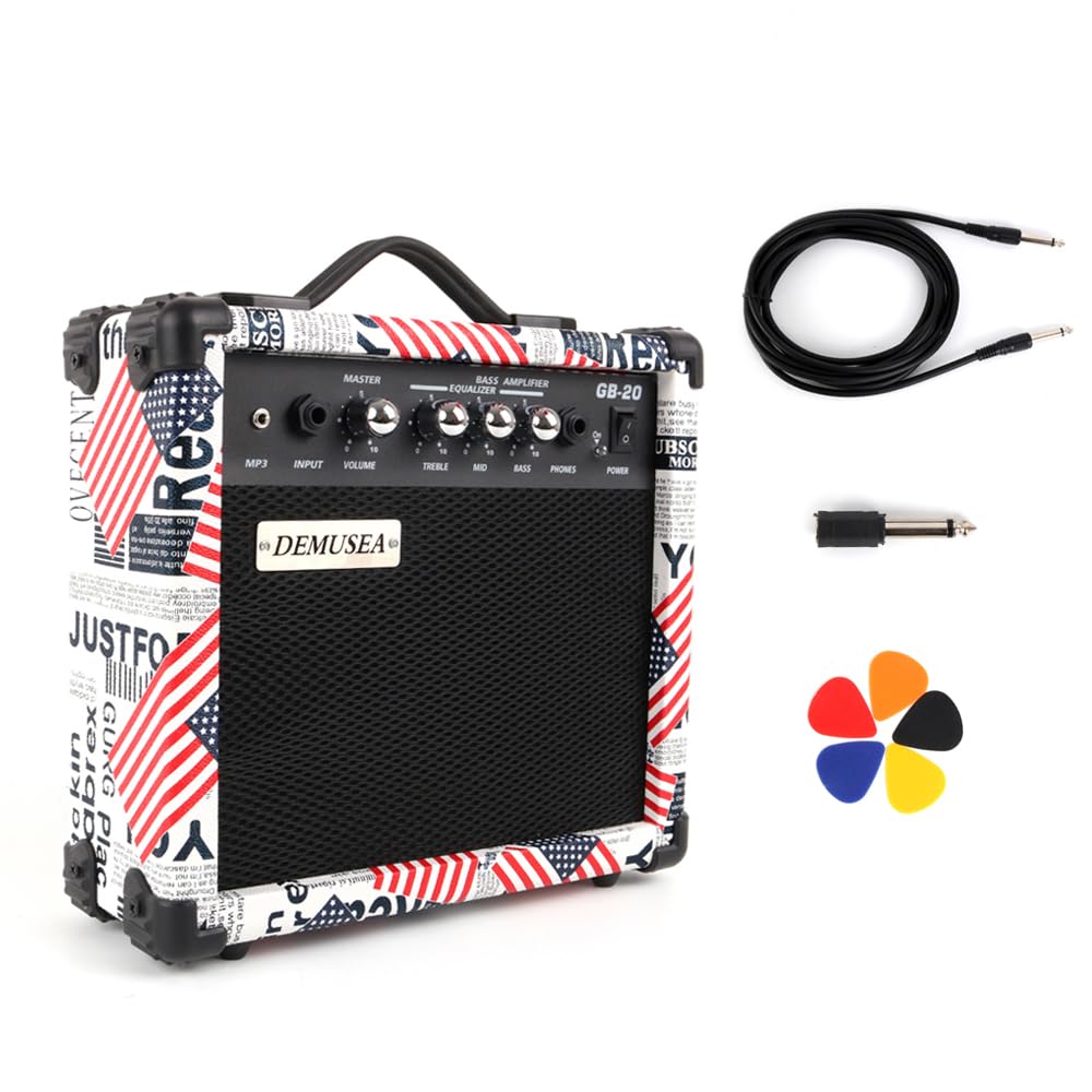 Demusea 20W Watt Electric Bass Guitar Amplifier Portable Travel Mini Practic Amp Headphone Jack Aux Treble Middle Bass Flag Mp3 