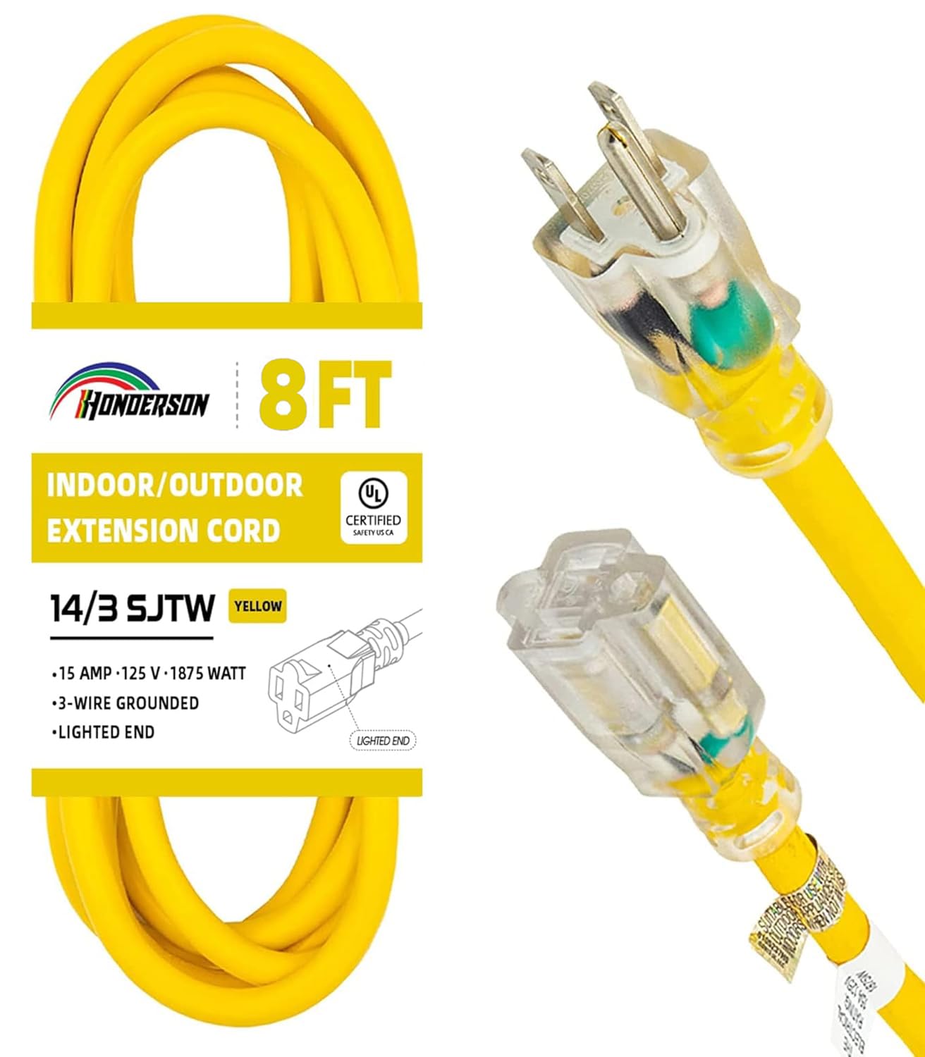 Honderson Indoor Outdoor Extension Cord Weatherproof With Lighted End, Ul Listed, 14 Gauge 8Ft Yellow 3 Prong Heavy Duty Extensi