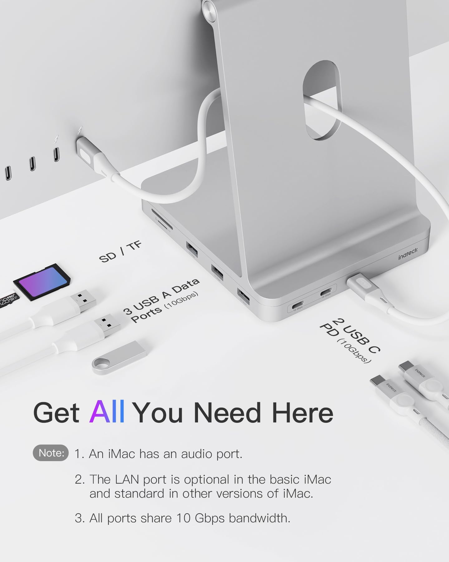 Inateck USB C Hub DK2001-S, 8-in-1 Aluminium Docking Station, Compatible with iMac 24" 2021/2023, Silver, USB 3.