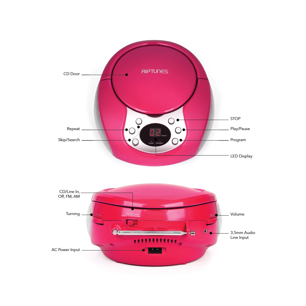 Riptunes Portable Cd Player With Am Fm Radio Potable Radios Boom Box With Aux Line In, Pink