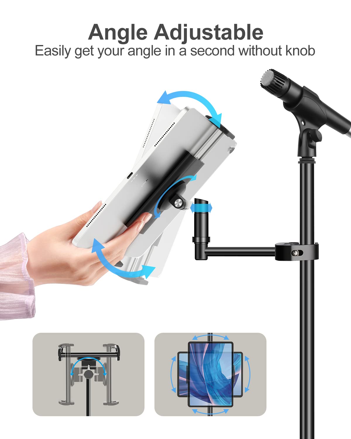 Elitehood Aluminum Ipad Holder For Mic Stand, Side Mount Ipad Music Stand Holder For Microphone, 360 Swivel Tilt Adjustable Mic