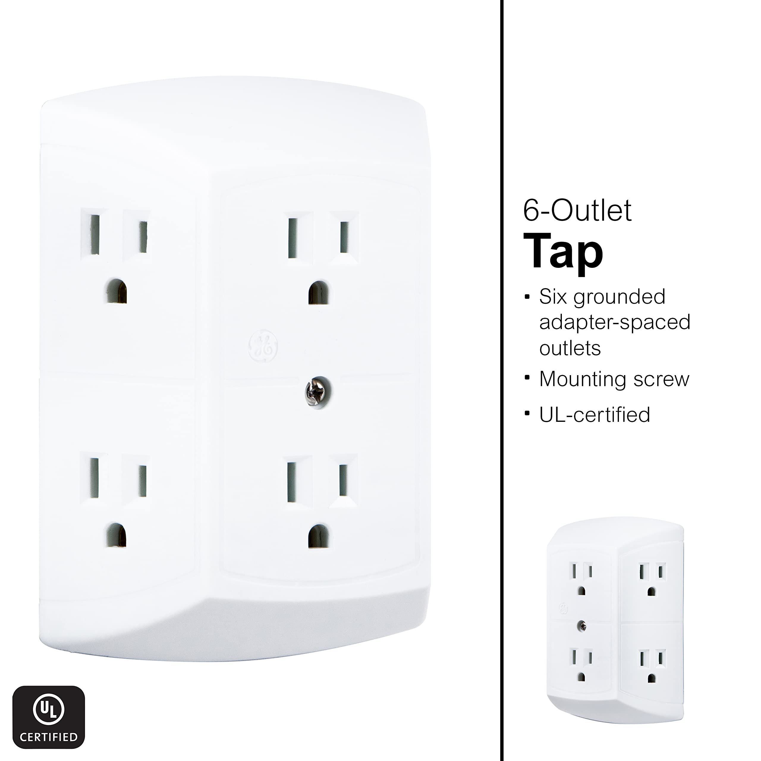 Ge 6 Outlet Extender, 2 Pack, Grounded Wall Tap, Adapter Spaced Outlets, 3 Prong Outlet Splitter, Multiple Plug, Quick And Easy