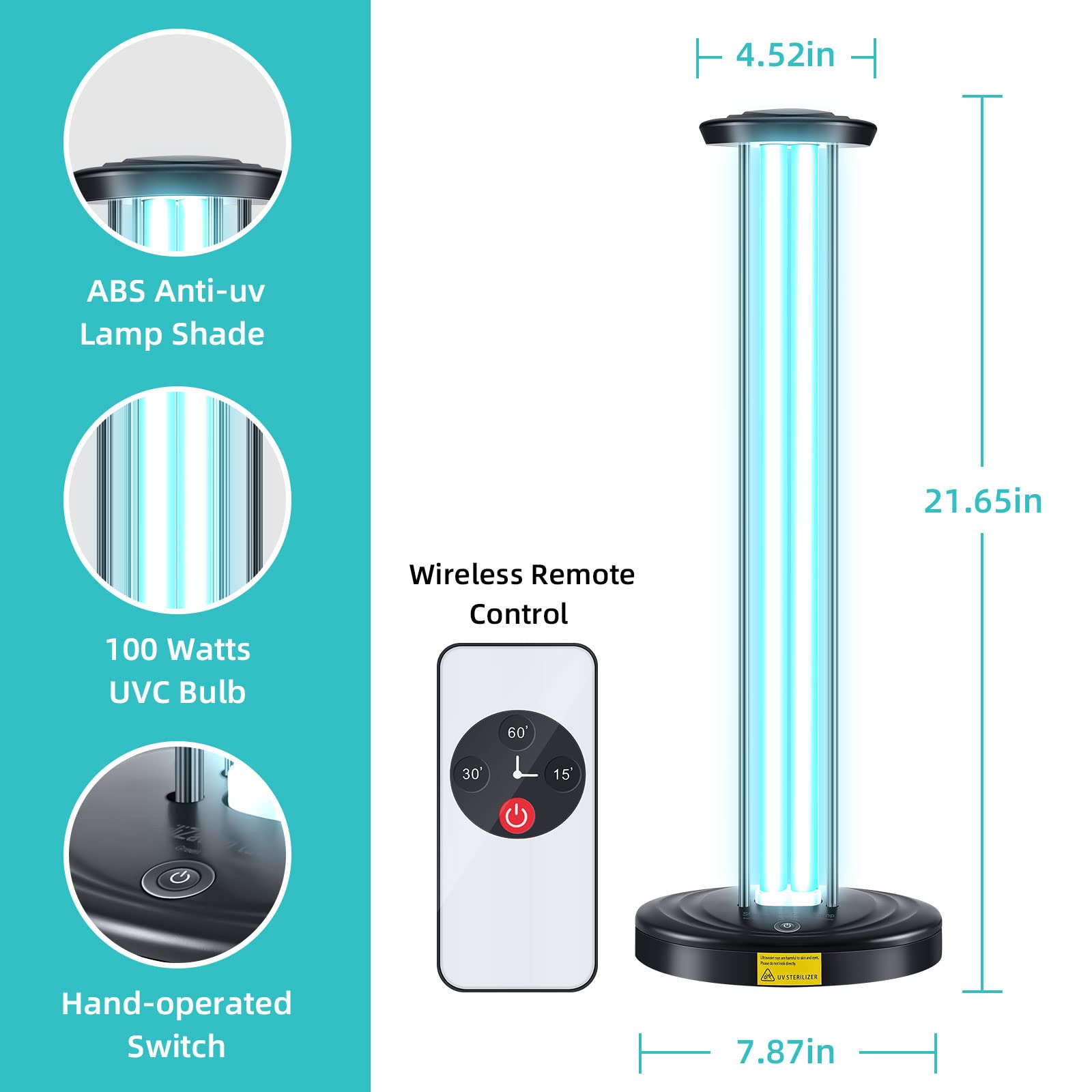 Jtapure Ultraviolet Lamp, 100W Ozone Free Uv Light Purifier For Large Room, With Three Step Timing Remote Control, Blue Light, P