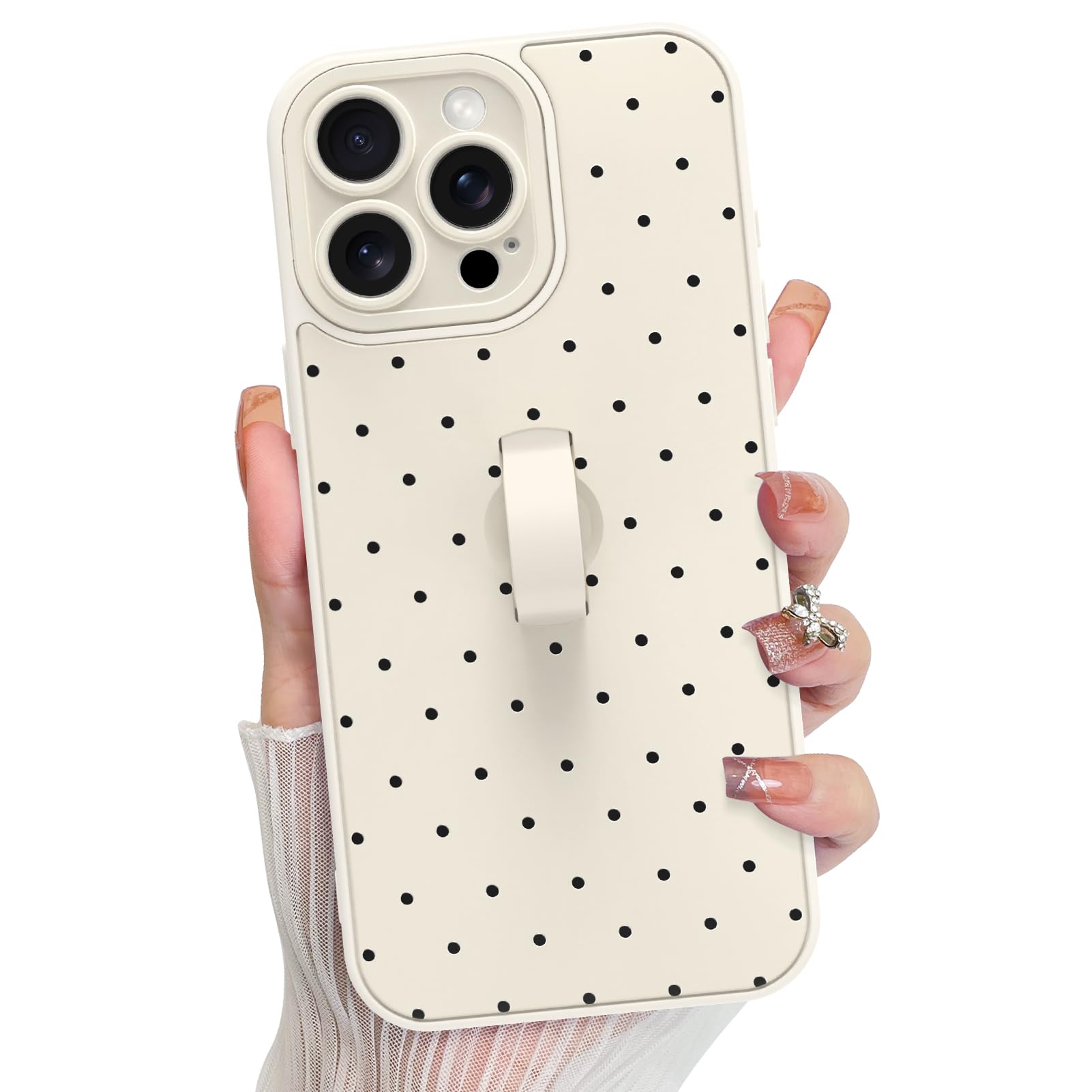 KANGHAR Compatible with iPhone 15 Pro Case, Silicone Spot Cute Pattern, Wristband Kickstand Camera Protection Soft Slim Cover fo
