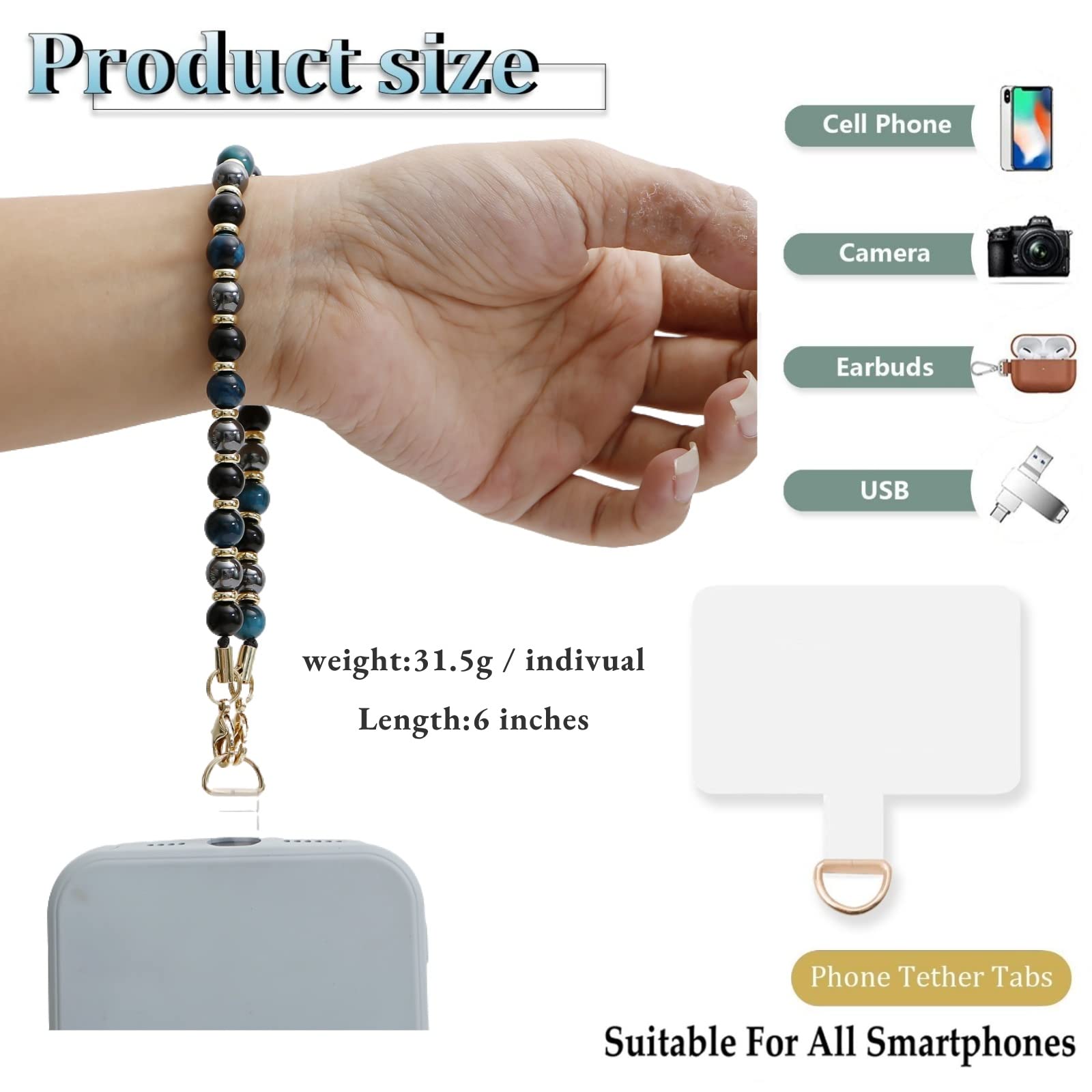 Lostars Marble Beaded Iphone Wrist Strap,Detachable Phone Bracelet Strap With Tether Tab,Hands Free Phone Wristlet Strap (Blue T
