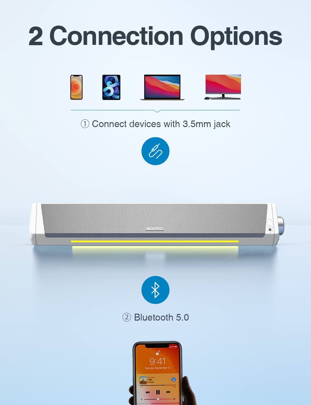 Computer Speakers, Bluetooth Soundbar, Hifi Stereo, 3.5Mm Aux In Connection, Usb Powered Speakers For Desktop Monitor, Pc, Lapto