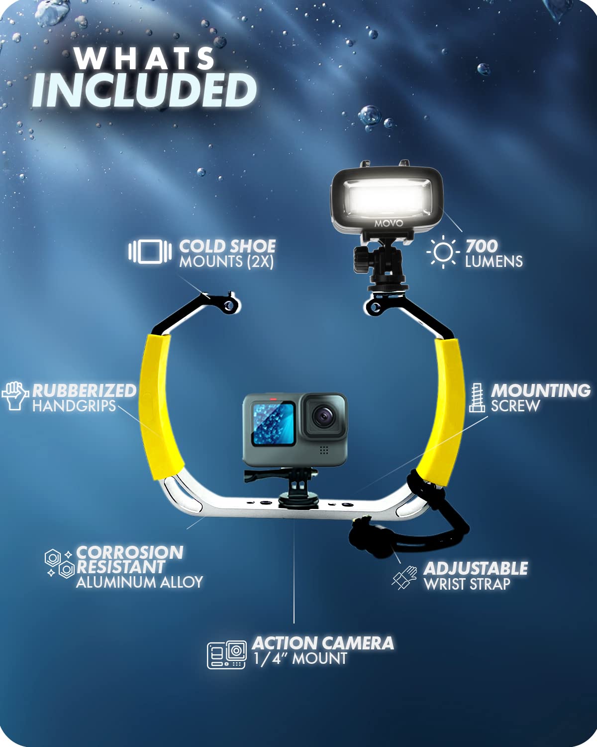 Movo Diverig2 Xl Diving Rig Bundle With Waterproof Led Light - Compatible With Gopro Hero, Hero5, Hero6, Hero7, Hero8, Hero9, He