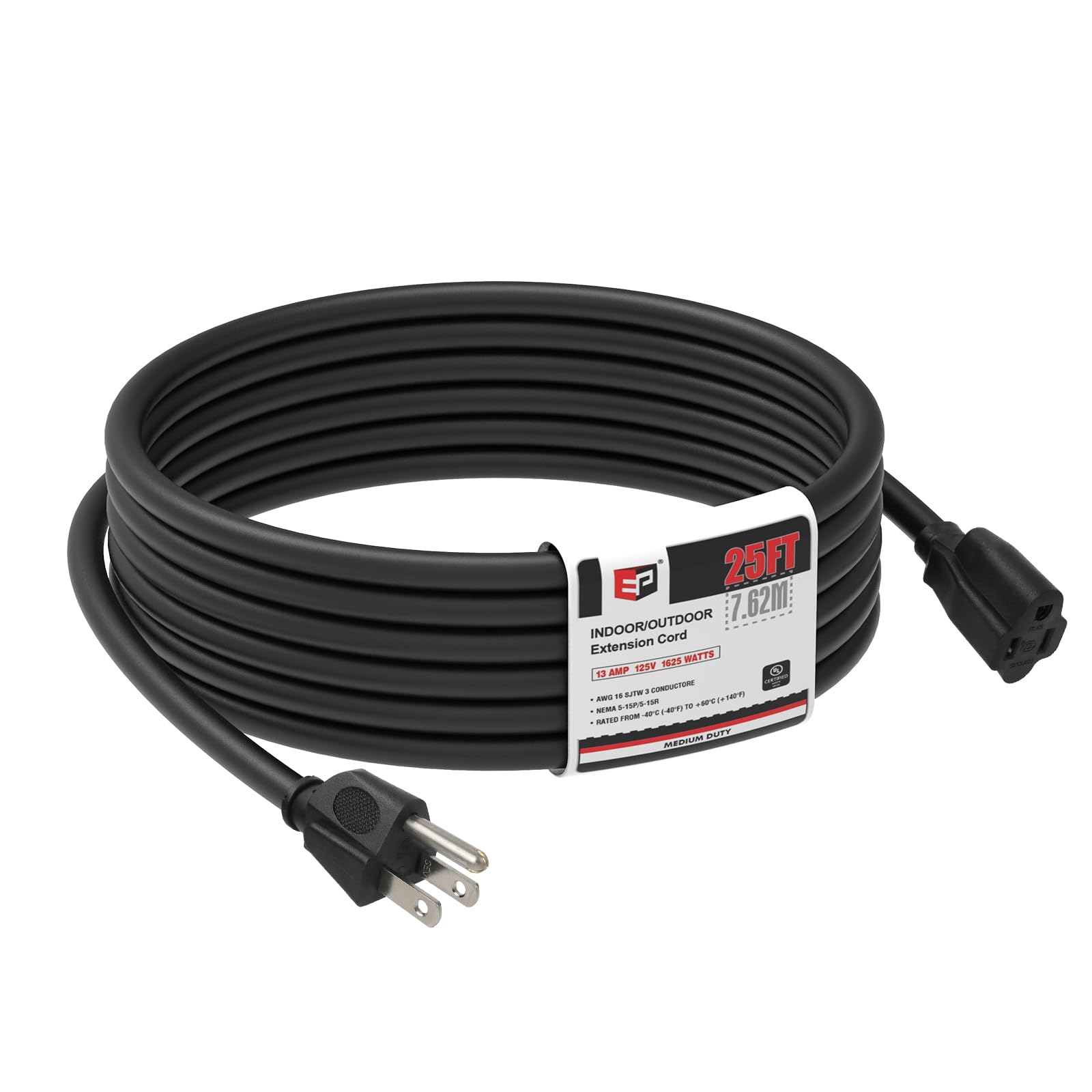 Ep 25Ft Black Outdoor Extension Cord, 16/3 Sjtw Heavy Duty Waterproof, 3 Prong Grounded Plug, 13A 1625W 16Awg, Cold Resistant Fl