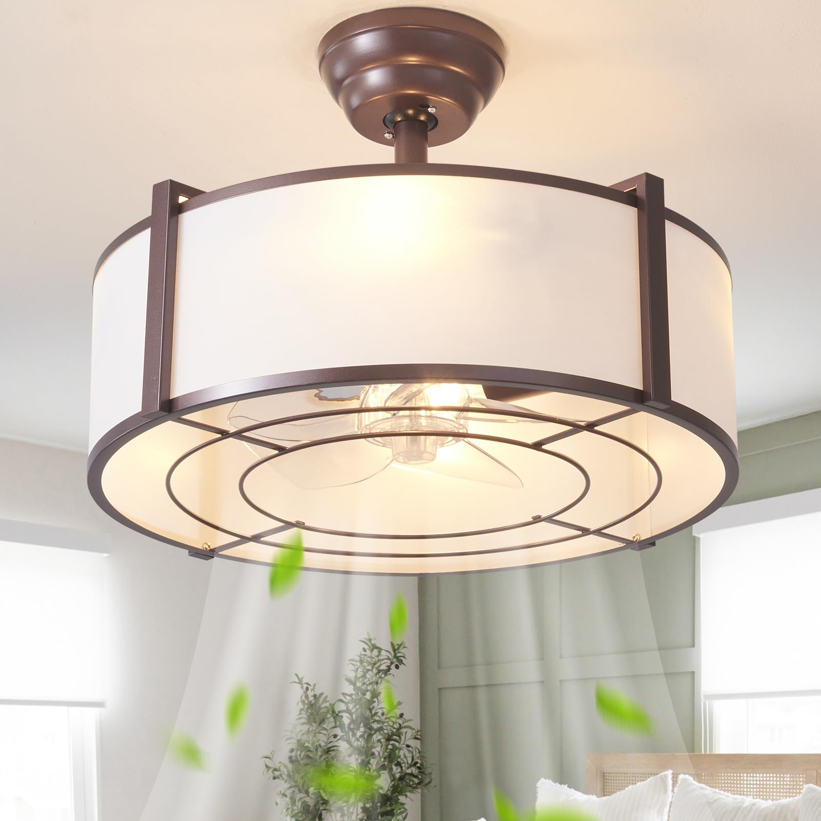YMKSKJ 20 Brown Fandelier Ceiling Fans with Lights, Boho Rattan Ceiling Fan with Light Remote Control, Caged Mid-Century Modern 