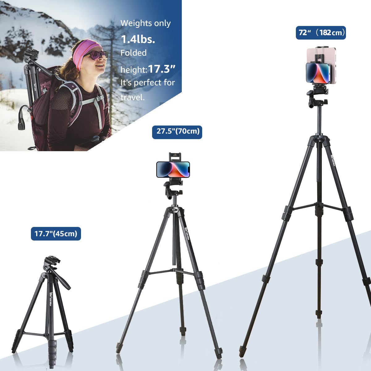 Lusweimi 72 Inch Tripod For Ipad Iphone, Camera Tripod For Phone With 2 In 1 Tripod Mount Holder For Cell Phone/Tablet/Webcam/Gopro, Tripod With Carry Bag And Wireless Remote For Photography/Video
