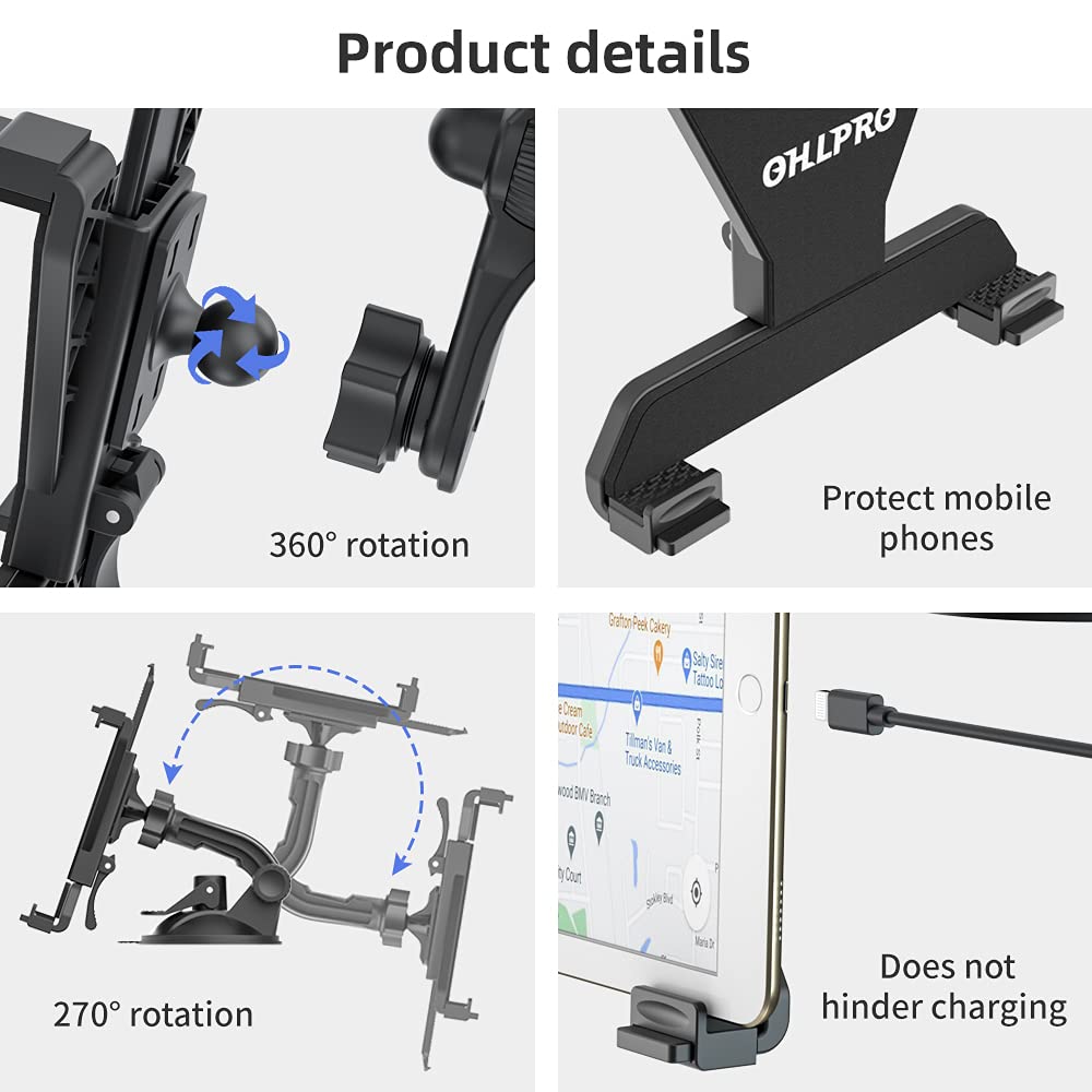 Ohlpro Tablet Holder For Car Dashboard, Ipad Car Suction Cup Mount For Truck Windshield Vent With Flexible Arm Clip, For All 6''