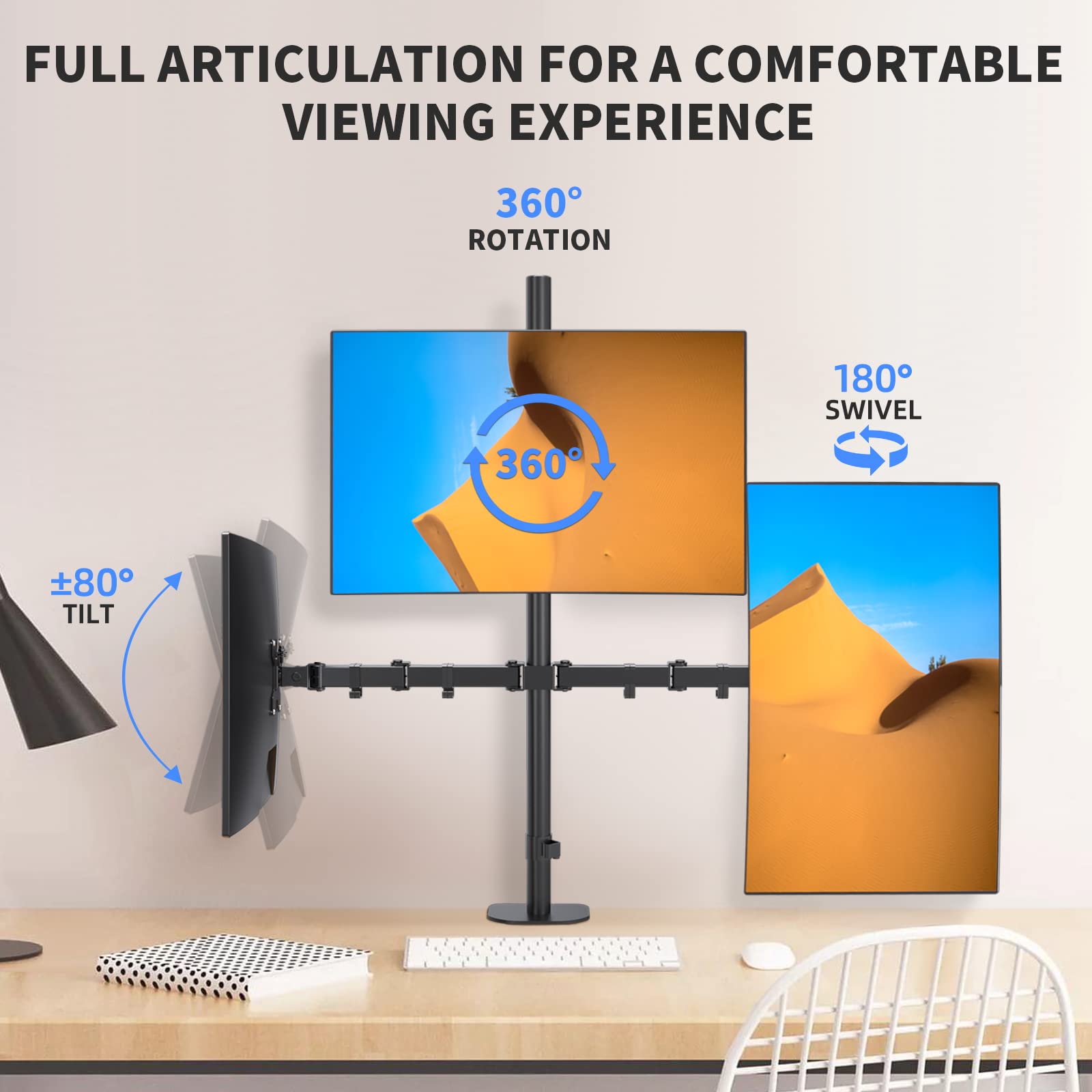 Pholiten Triple Monitor Stand,13 To 27 Inch Lcd Monitor Desk Mount,Extra Tall 31.5 Inch Pole Heavy Duty Fully Adjustable Stand M