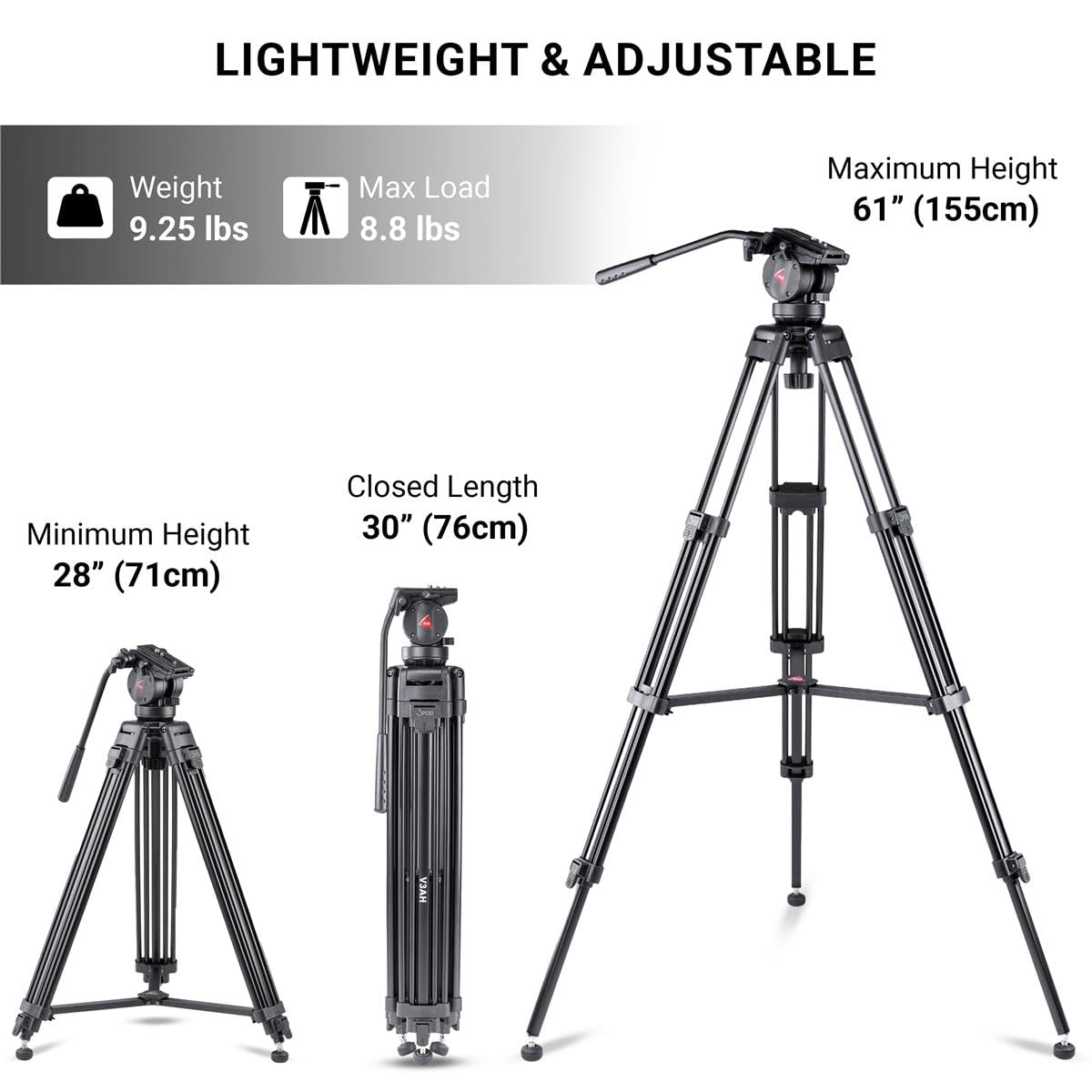 3Pod V3Ah 3 Section Aluminum Video Tripod For Camera, Professional Camera Tripod With 2 Way Fluid Head, Mid Level Spreader, Quick Release Plate, Max Load 8.8 Lbs., 61' Max Height Heavy Duty Tripod