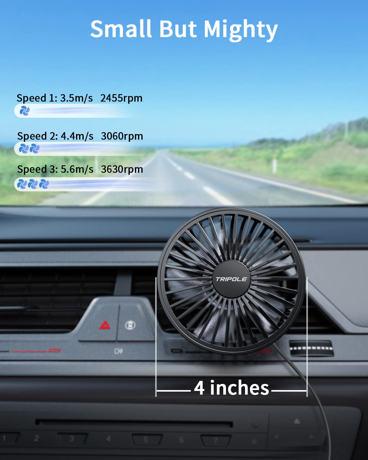Tripole Car Fan Usb Fan For Car Vent Powerful 3 Speed Car Cooling Clip Fan With Quiet Brushless Motor 360 Degree Rotatable Porta