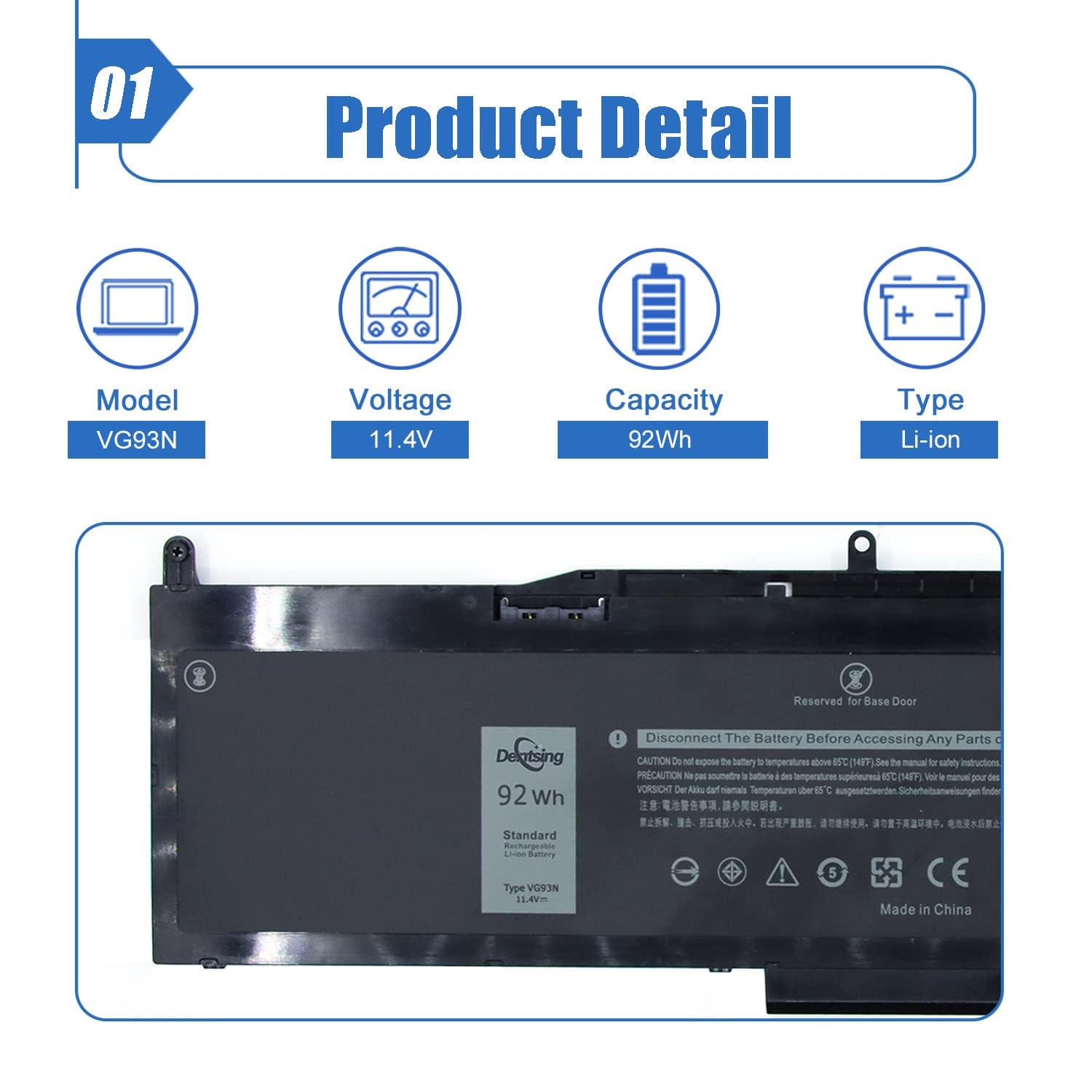 Dentsing Laptop Battery VG93N 92Wh 11.4V 6-Cell for Dell Precision 15 3520 3530 Latitude E5580 E5590 Black