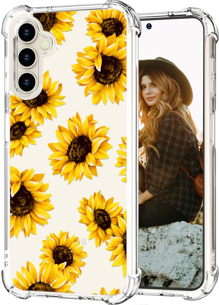 Hungo Samung Galaxy S23 Case Floral Sunflower Flower Cute Design White,Girly For Women Girls Floral Sunflower Case Compatible Wi