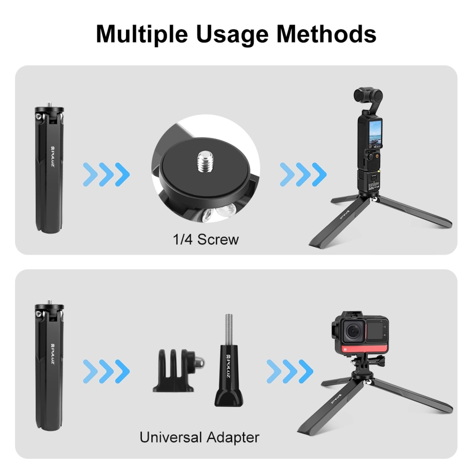 Puluz Mini Tripod | Desktop Tabletop Stand Compact Tripod For Dji Osmo Pocket 3 / Insta360 X4, Gimbal Handle Grip Stabilizer, Quick Fold Handle/Selfie Stick With 1/4 Inch Screw