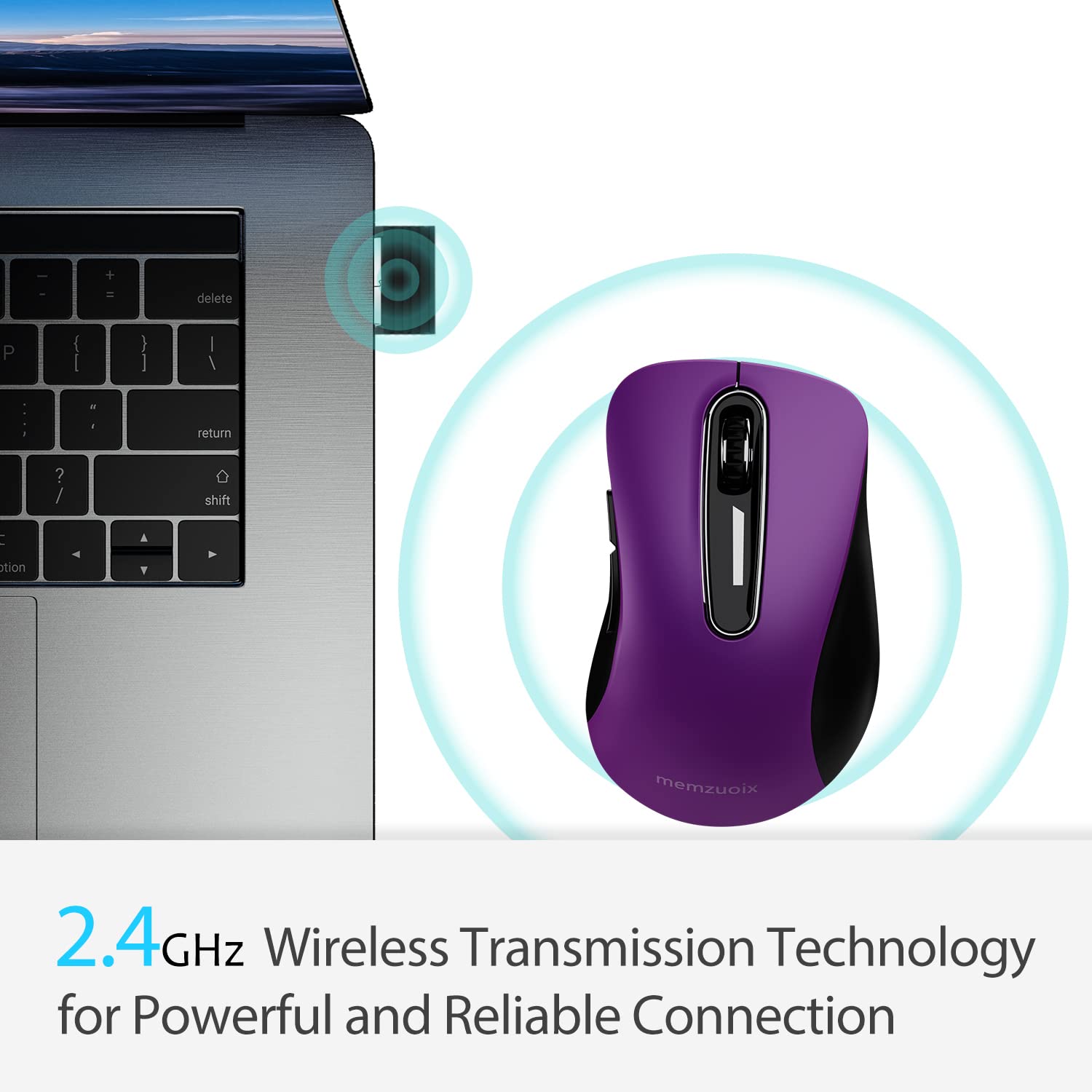 Memzuoix 2.4G Wireless Mouse, 1400 Dpi Computer Mouse With Usb Receiver, Portable Wireless Usb Mouse Battery Powered Cordless Mouse For Laptop, Pc, Desktop, 5 Buttons, Purple