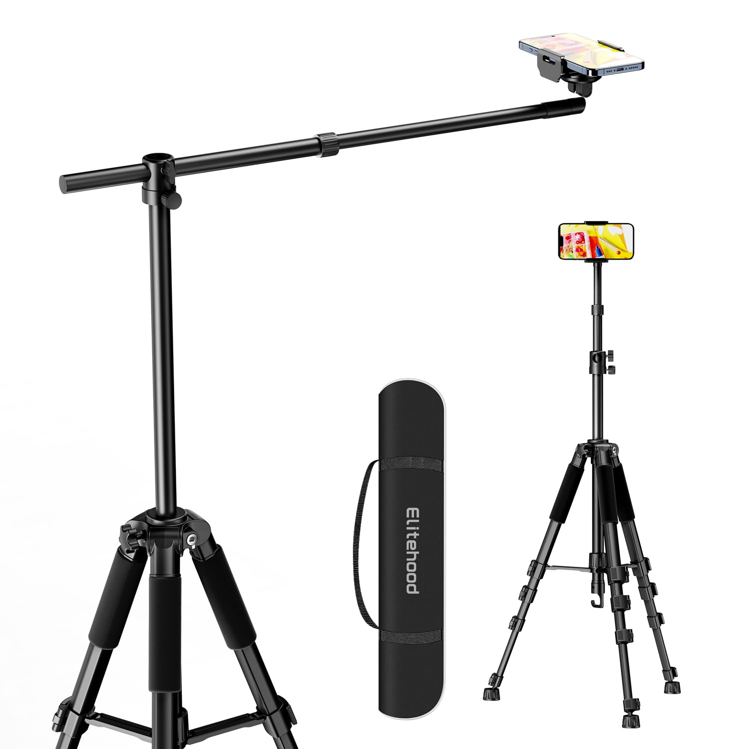 elitehood Phone Tripod for Overhead Video Recording - Updated Horizontal 59-inch Adjustable Tripod for iPhone with 25in Long Ext