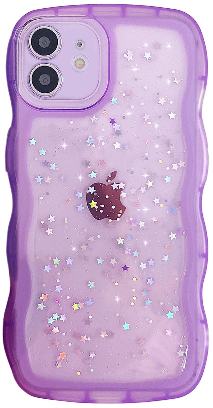 Qokey For Iphone 12 Mini Case 5.4'' Curly Wave Edge Design Transparent Bling Glitter Star Shiny Case Cute Clear Transparent Full