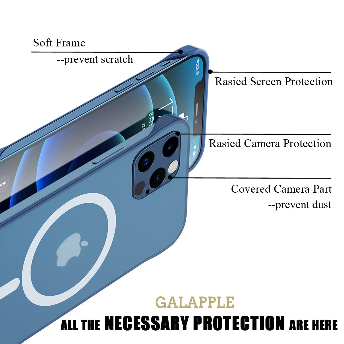 Galapple Ultra Thin Frameless Magnetic Case For Iphone 14, Blue Matte Minimalist Case With Shockproof Corner& Finger Loop String