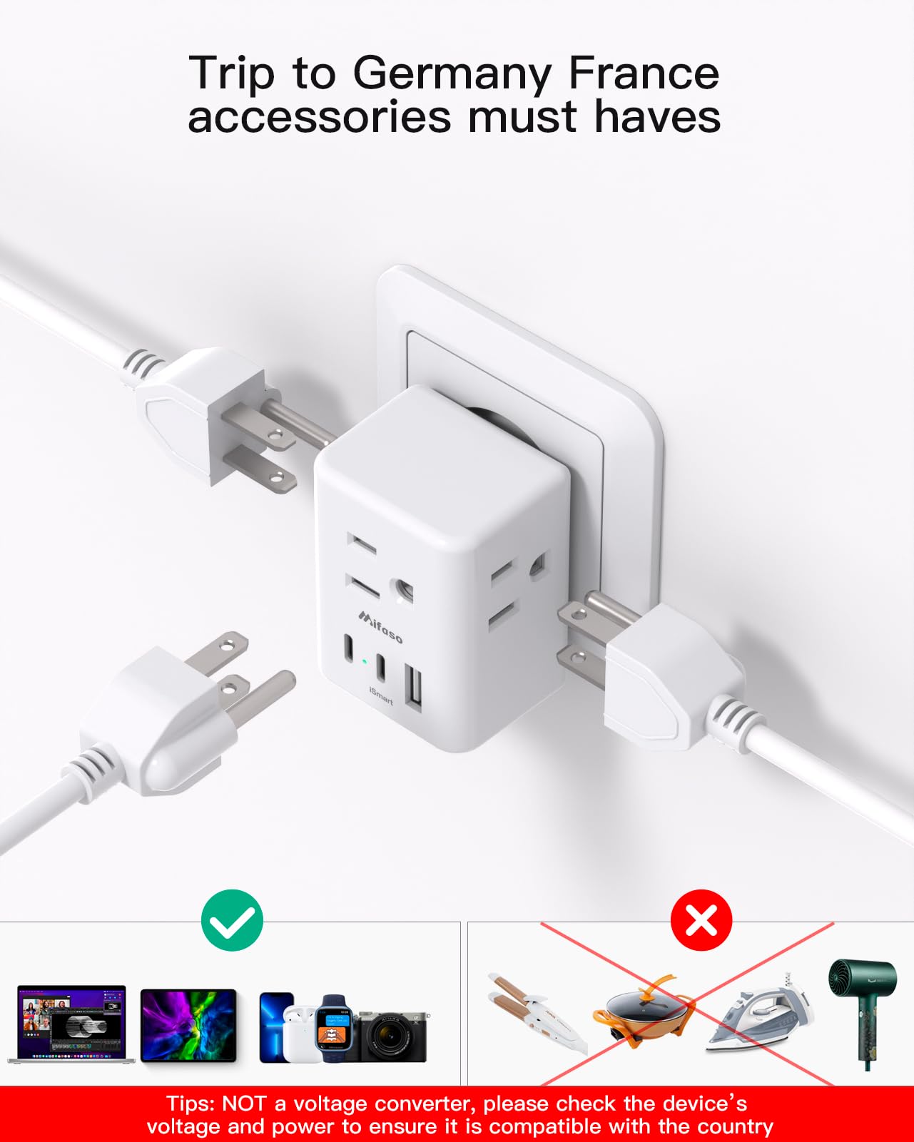 France Power Adapter, Portugal Adapter Plug, Germany Plug Adapter, Type E F European Travel Plug Adapter With 3 Outlets 3 Usb Ch