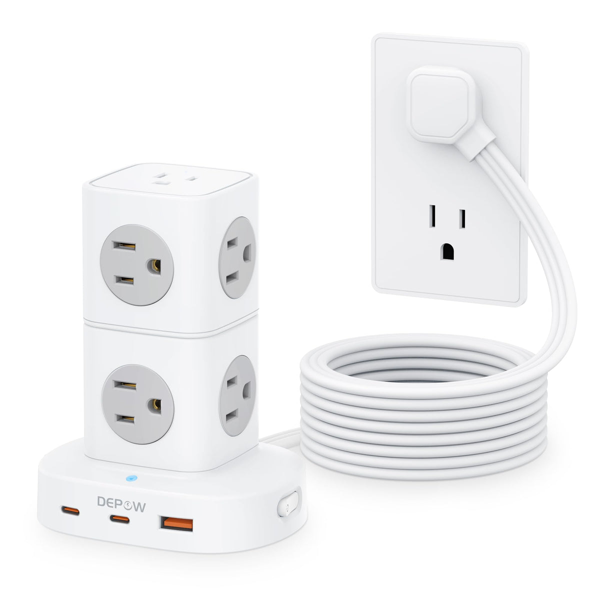 Depow Tower Power Strip With 9 Outlets 3 Usb (2 Usb C), Surge Protector Tower 1250W/10A, 1700J, 5Ft Removable Multiple Outlets P