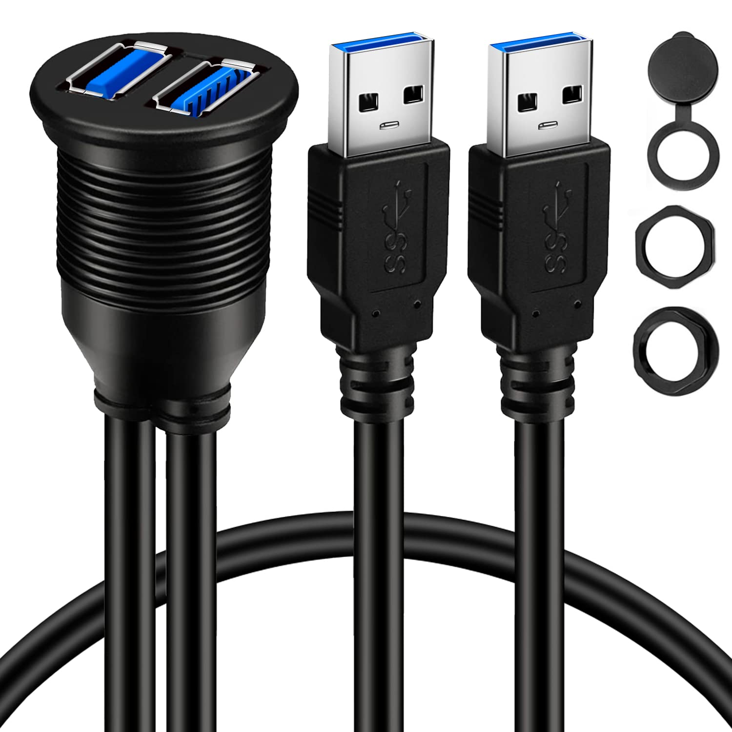 Batige 2 Ports Dual Usb 3.0 Male To Usb 3.0 Female Aux Flush Mount Car Mount Extension Cable For Car Truck Boat Motorcycle Dashboard Panel 1Ft