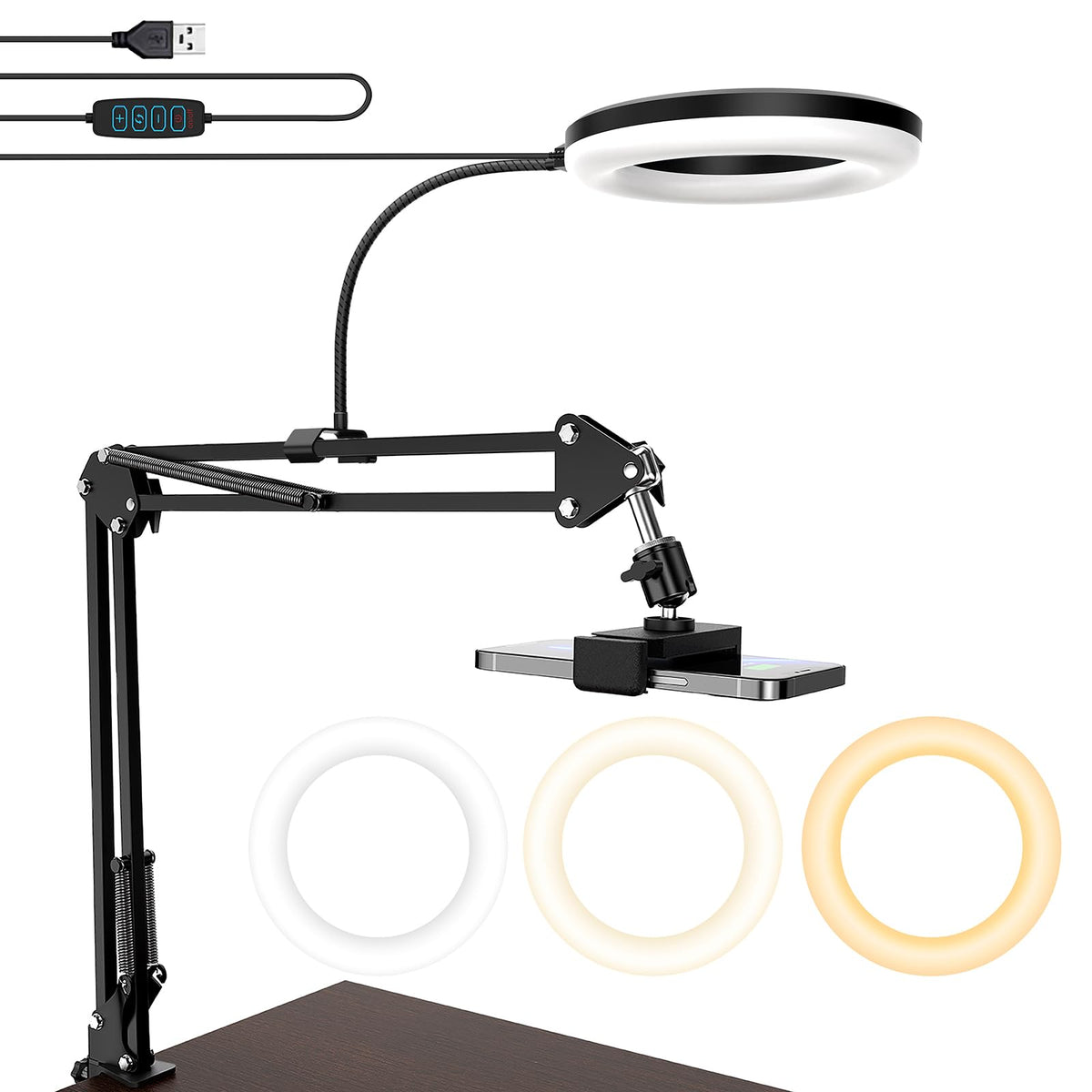 Magloop Overhead Camera Mount With Ring Light, 6 Overhead Phone Mount Compatible With Iphone Camera Webcam, Articulating Arm Pho