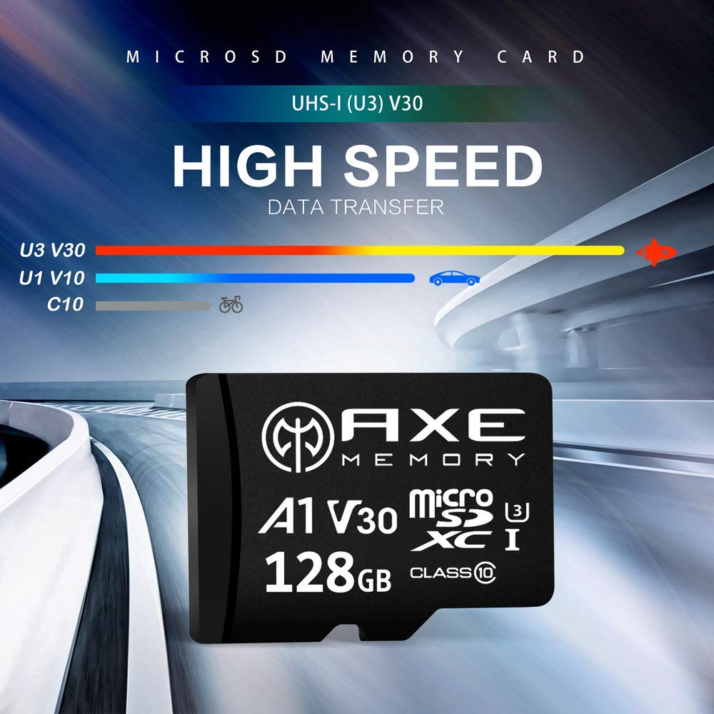 Axe Memory 128Gb Micro Sd Card 4K Ultra Full Hd Video High Speed Microsdxc Up To 95Mb/S A1 V30 Uhs I U3, With Sd Adapter