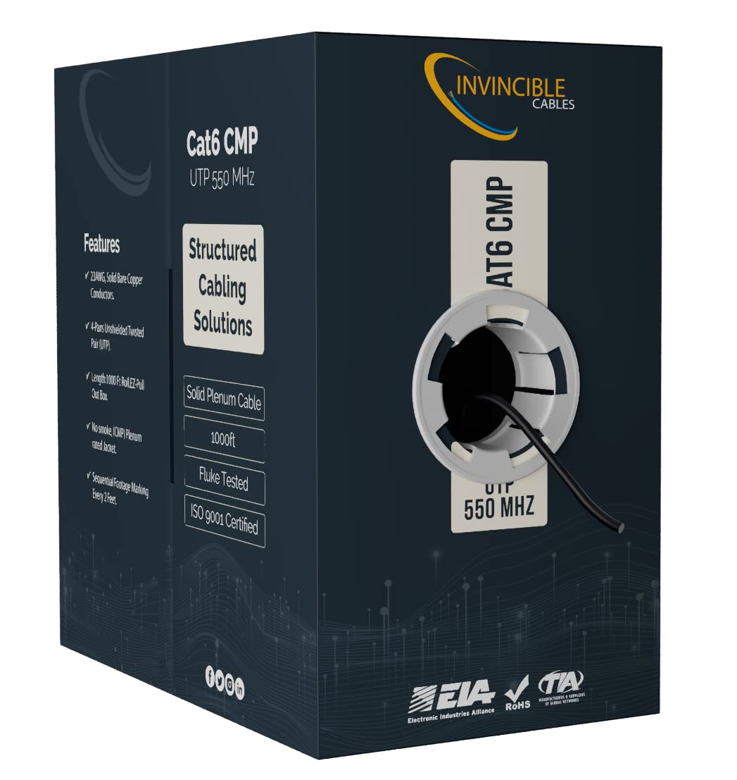 Cat6 Plenum (Cmp) 1000Ft Cable | 0.57Mm 100% Solid Copper, 550 Mhz, 23Awg, 4 Pair, Utp | Fluke Dsx 8000 Tested Up To 100M | Poe,