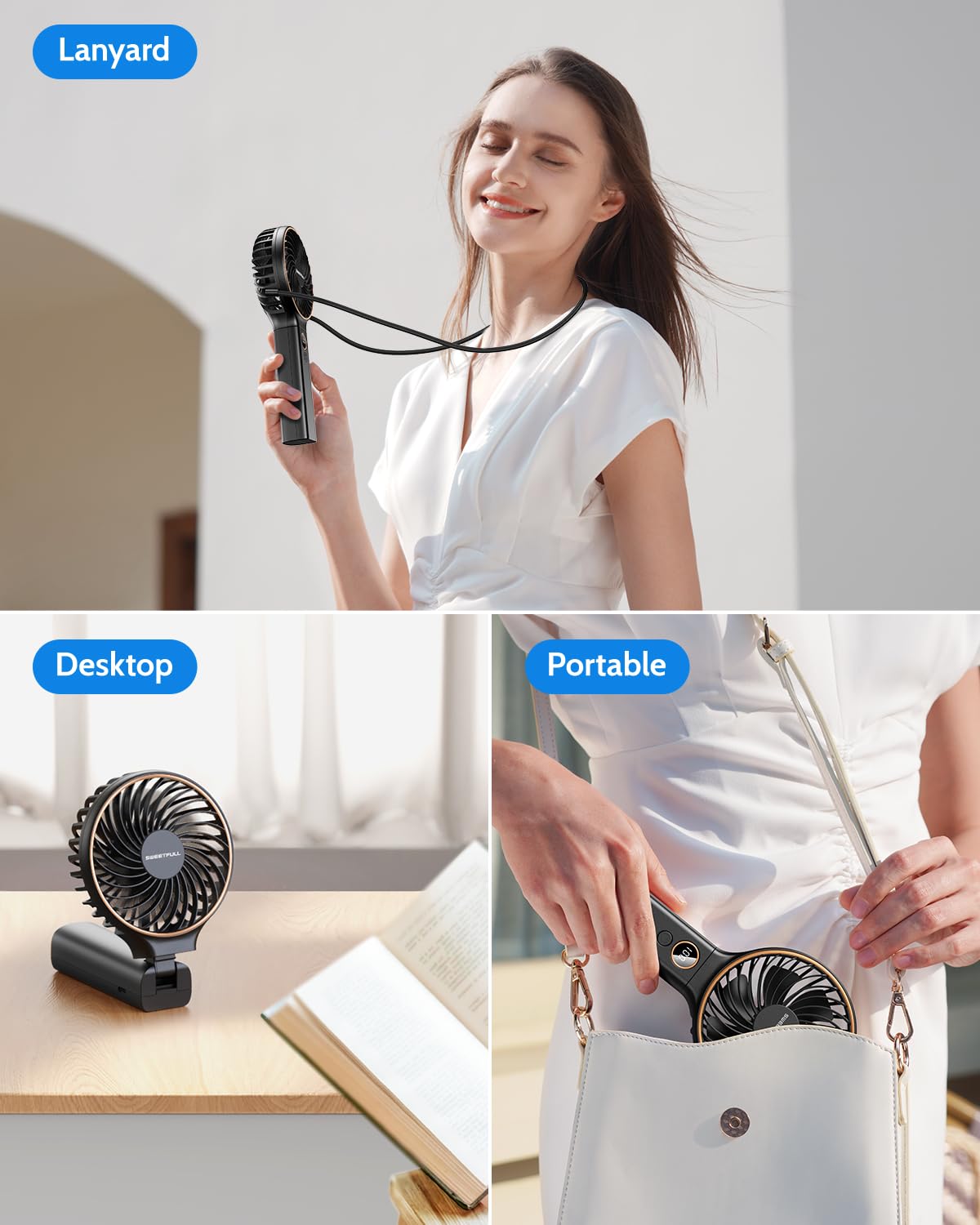 Sweetfull Handheld Fan, Portable Fan, 5000Mah Rechargeable Battery, 6 Speed Wind, Led Display, Personal Mini Travel Fan With Bac