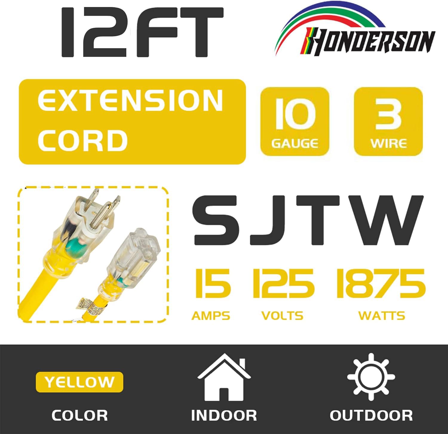 Honderson Indoor Outdoor Extension Cord Weatherproof With Lighted End, Ul Listed, 10 Gauge 12Ft Yellow 3 Prong Heavy Duty Extens