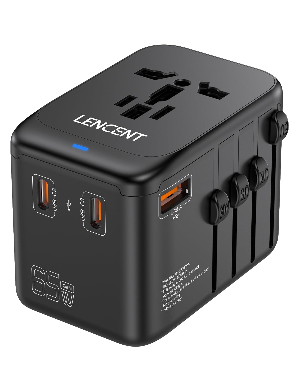 Lencent International Travel Adapter, Gan Iii 65W Universal Travel Charger With 1 Usb A & 3 Usb C Pd Fast Charging, All In One O