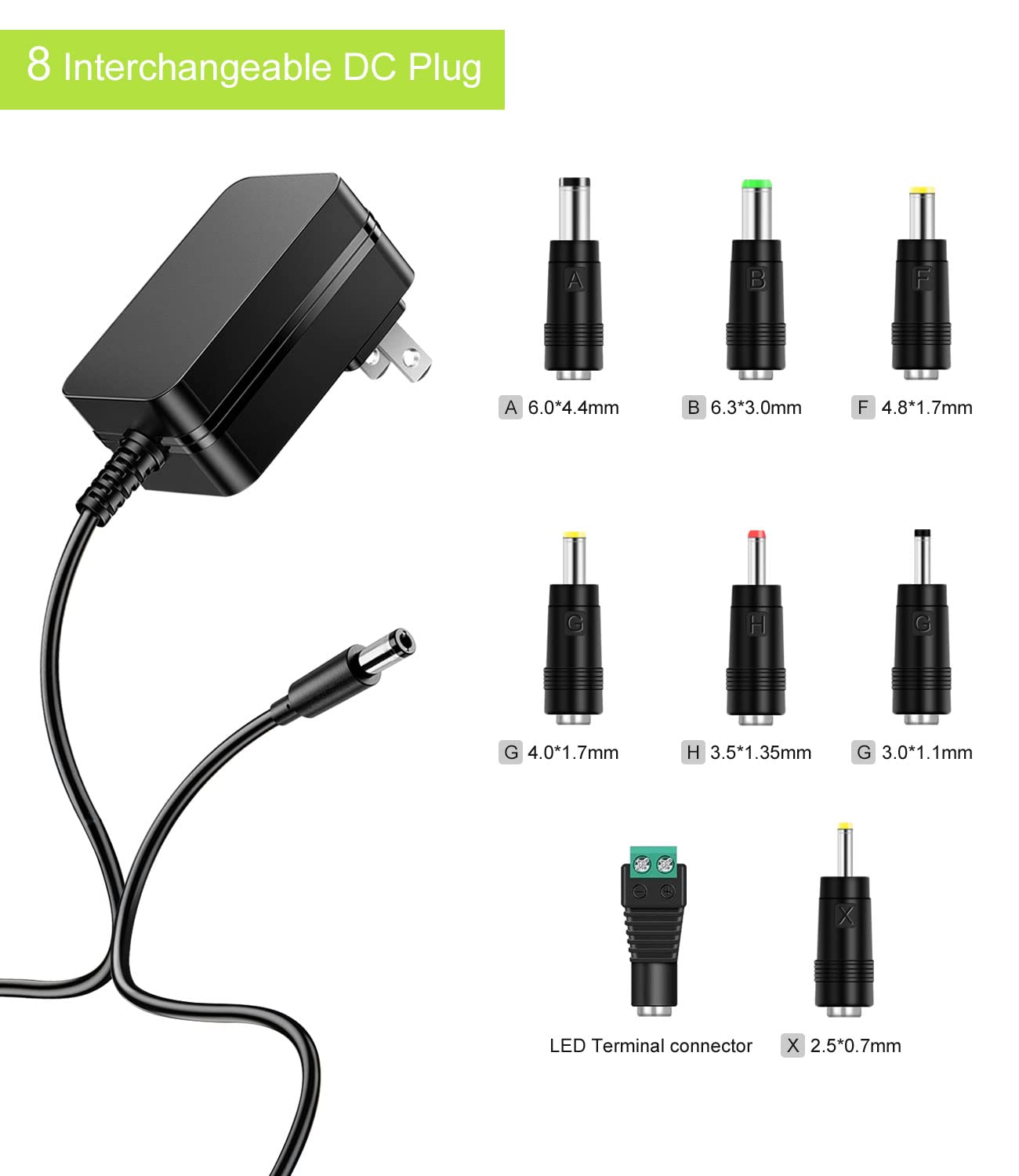 12V 2A Power Adapter Ac Power Supply Cord 12 Volts 2 Amps Regulated Switching Charger With 8 Interchangeable Dc Plug For 2000Ma