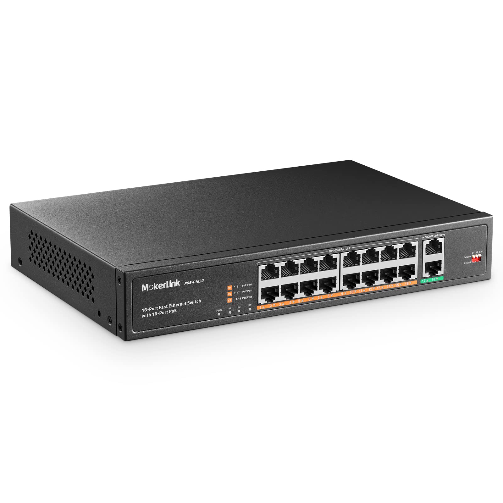 MokerLink 16 Port PoE Switch with 2 Gigabit Uplink Ethernet Port, 250W High Power, Support IEEE802.3af/at, Rackmount Unmanaged P