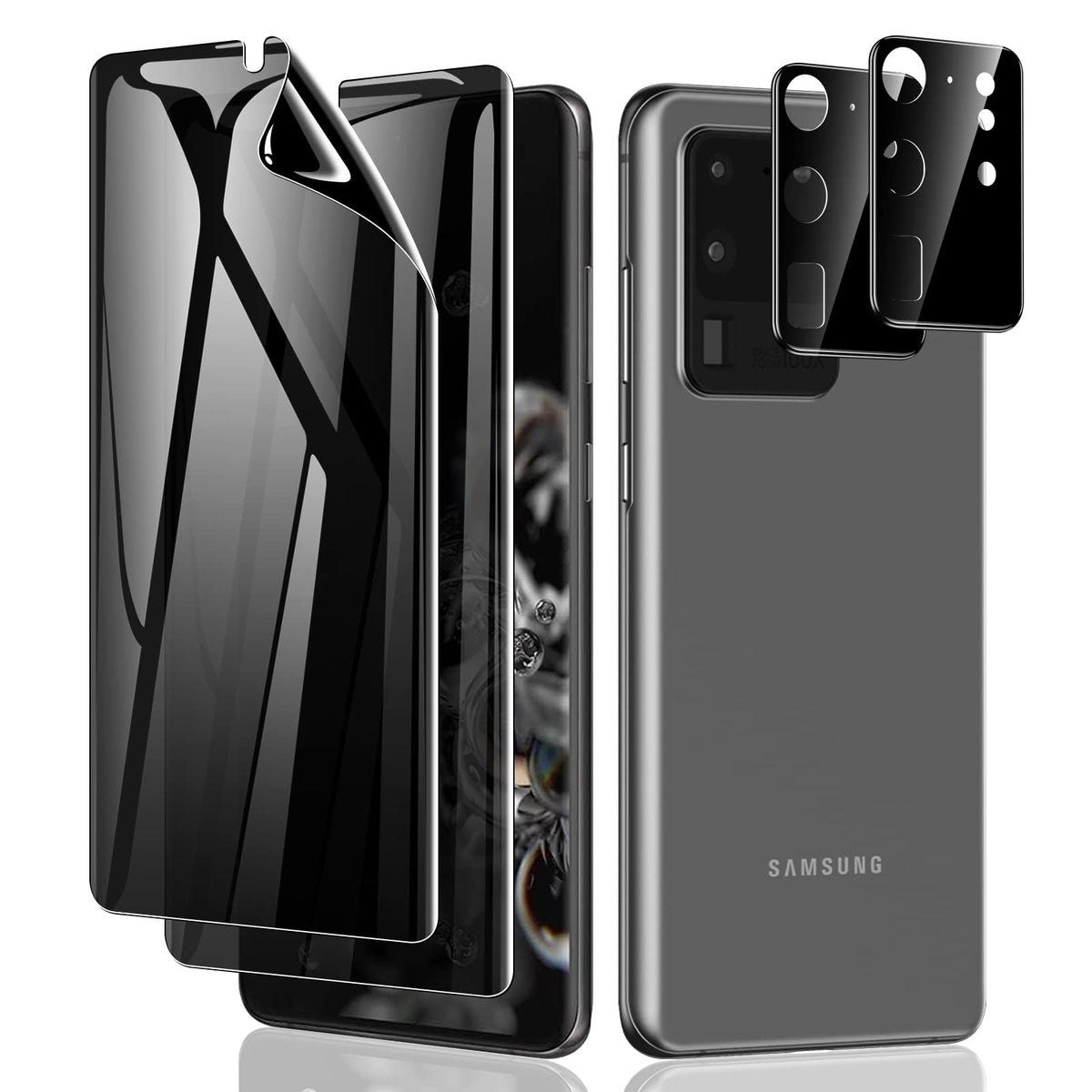 Lywhl 2+2 Pack For Samsung Galaxy S20 Ultra Privacy Screen Protector, Anti-Spy Black Full Adhesive Flexible Film + Camera Lens Glass Protector For Galaxy S20 Ultra
