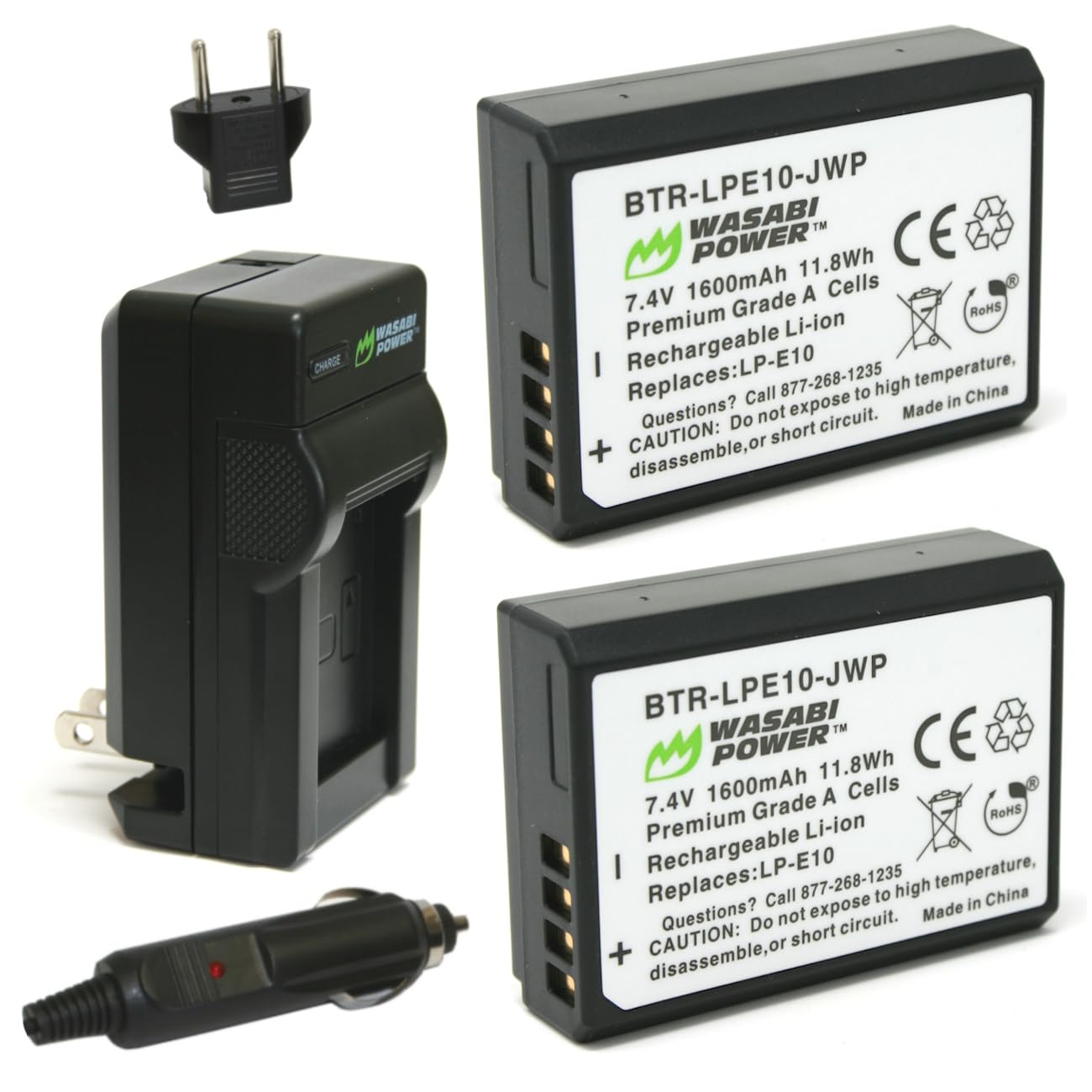 Wasabi Power LP E10 Battery for Canon EOS Rebel T7, T6, T5, T3, T100 (2 Pack and Charger, 1600mAh)