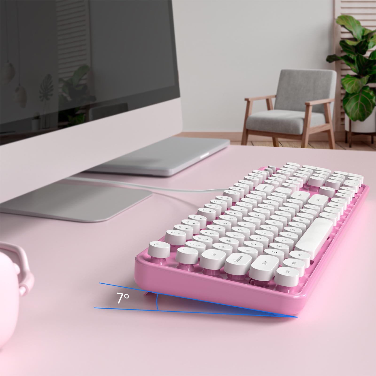 Mowux Computer Keyboard Wired, Plug And Play Usb Retro Round Typewriter Keyboard, Full Size Wired Keyboard With Foldable Stands
