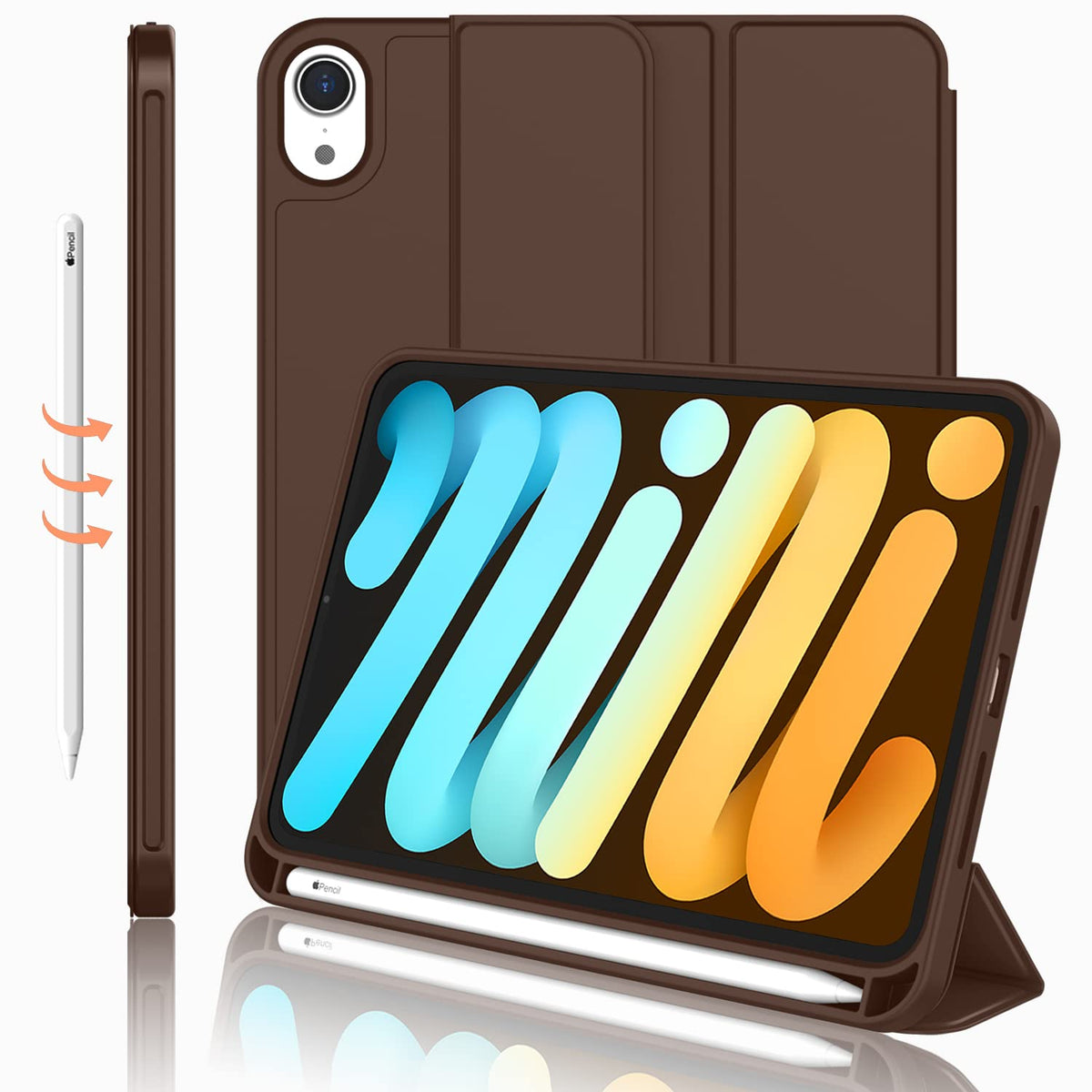 Imieet Ipad Mini 7 Case 2024 (A17 Pro), Ipad Mini 6 Case (8.3 Inch,2021 Model), Ipad Mini 7Th/6Th Generation Case With Pencil Holder, Trifold Stand Smart Case With Soft Tpu Back,Chocolate